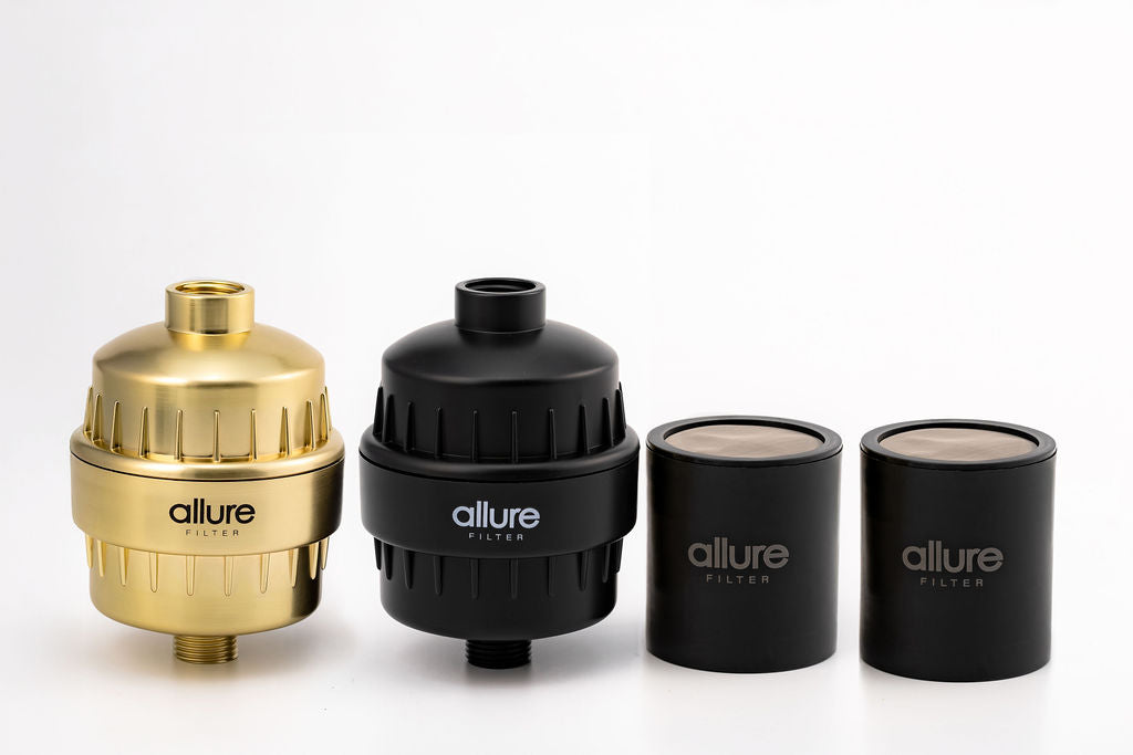 X 1 Brushed Gold Sunset Filter X 1 Matte Black Essence Filter and X 2 Shower Filter Cartridge Refill