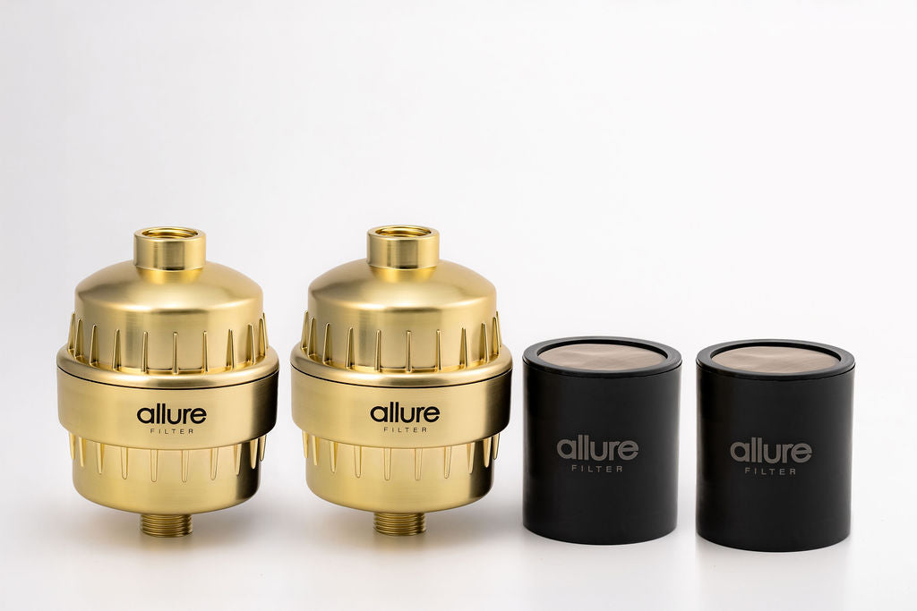 X 2 Brushed Gold Sunset Filter and X 2 Shower Filter Cartridge Refill